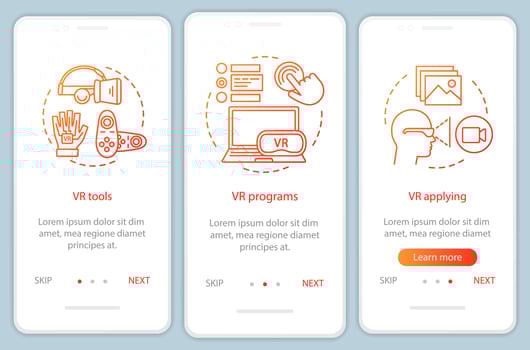 Virtual reality tech onboarding mobile app page screen with linear concepts. VR devices, software, applies walkthrough steps graphic instructions. UX, UI, GUI vector template with illustrations..