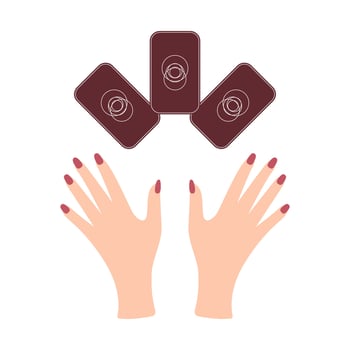 Hands with tarot cards. Magic symbols. Flat and cartoon style. For print design, tattoo, stickers. Vector illustration