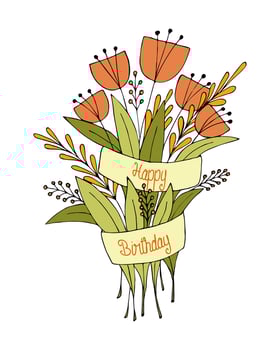 Happy Birthday doodle flowers, bouquet, congratulation, ribbon with the inscription, color hand drawing, postcard, on a white background. Vector