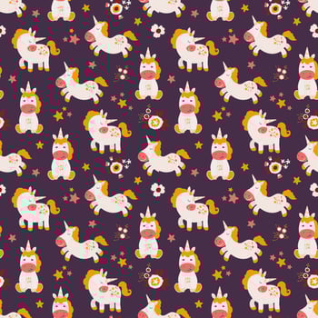Seamless pattern with cute hand drawn unicorns, rainbows and flowers. vector