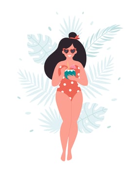 Woman with summer cocktail. Hello summer, vacation, summertime, summer party. Woman in retro swimsuit and retro glasses vector