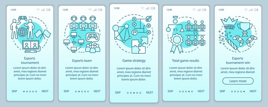 Esports tournament onboarding mobile app page screen vector template. E-sports championship, competition. Walkthrough website steps with linear illustrations. UX, UI, GUI smartphone interface concept
