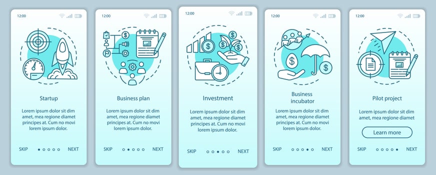 Business industry onboarding mobile app page screen with linear concepts. Startup, project launch walkthrough steps graphic instructions. UX, UI, GUI vector template with illustrations