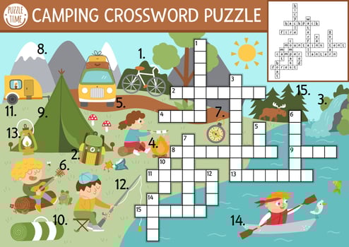 Vector camping crossword puzzle. Simple Summer camp quiz with forest scene for children. Educational activity with kids fishing, hiking, playing guitar. Cross word with woodland scenery.