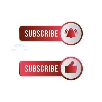 Red and white subscribe button in flat style vector illustration. Stylish metallic subscribe button with red and white colors. White background with like and bell icon inside the round shape vector.