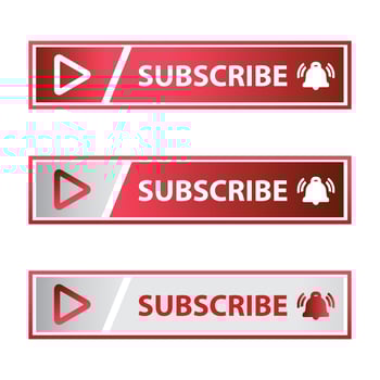 Red and ash subscribe button in flat style rectangle vector illustration. Simple rectangle metallic subscribe button with red and ash color shade. White background with a bell icon vector.