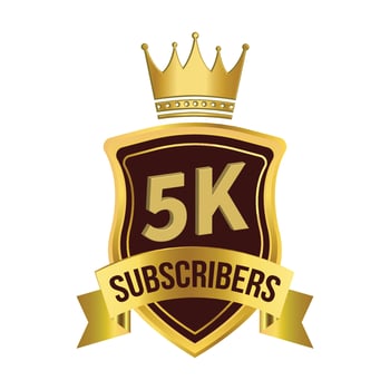 Royal 5k subscriber celebration badge with golden color ribbon and king crown on white background, Dark and golden color shade with king crown ribbon, 5k subscriber special golden badge. vector