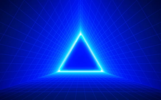 Futuristic technological triangle grid background. Digital futurist cyber space design, cyberpunk tech, Portal to virtual reality, science fiction matrix, science light perspective wallpaper, template vector