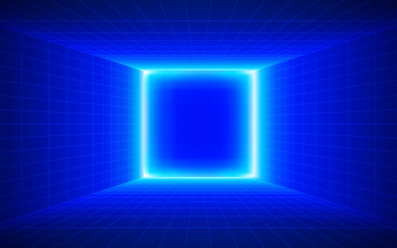 Futuristic technological square grid background. Digital futurist cyber space design, cyberpunk tech, Portal to virtual reality, science fiction matrix, science light perspective wallpaper, template vector