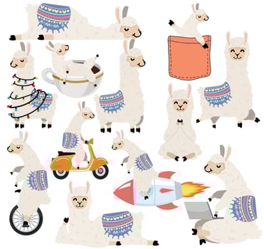 Cute Cartoon llama and alpaca character collection vector