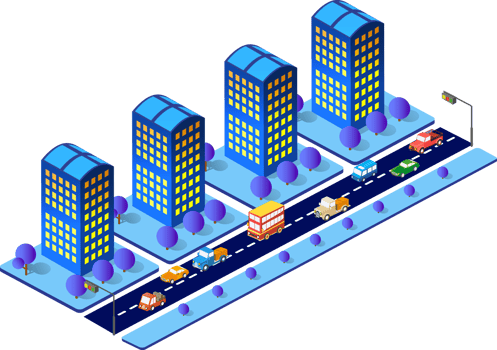 3D illustration of neon ultraviolet of urban infrastructure isometric buildings. png