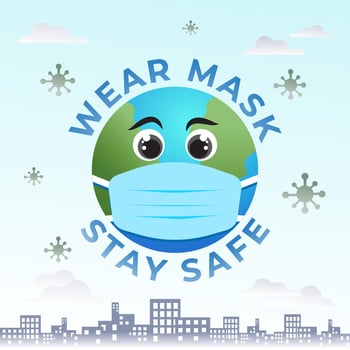 Wear Mask Stay Safe Banner. Earth in blue medical face mask. Coronavirus pandemic vector illustration. Urban sky landscape view with covid-19 spreading.