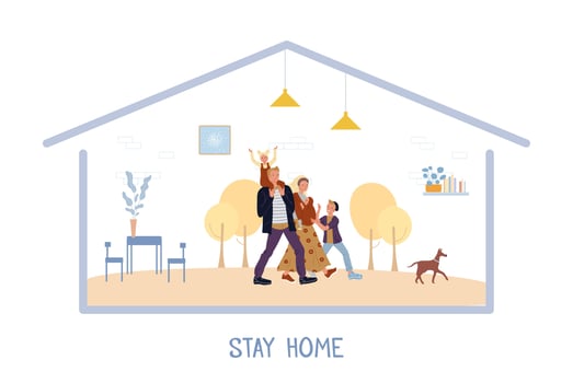 Family stay home self-isolation on quarantine vector
