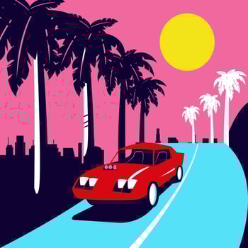 vintage car on the high way road with neon color vector