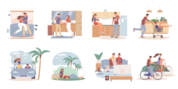 Loving couple daily activities time together set vector