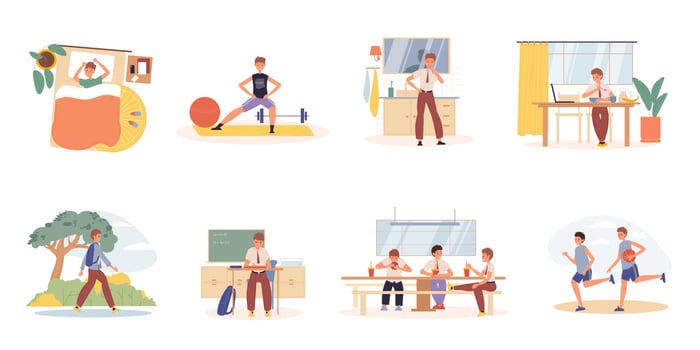 Teenager boy daily schedule activities scene set vector