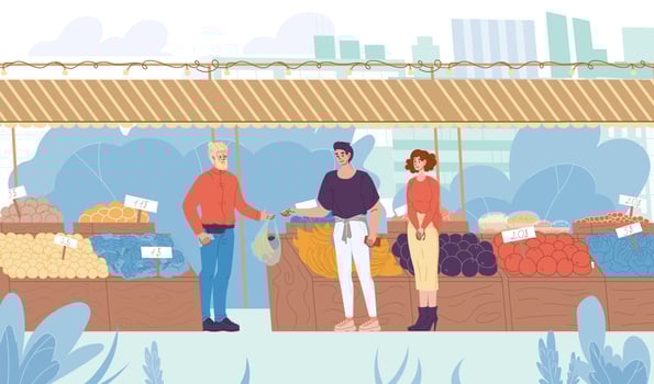Family buy natural eco products at street market vector