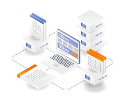 Flat isometric illustration concept. computer with data server vector