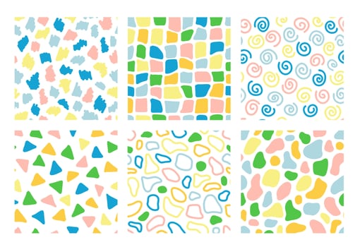Colorful seamless pattern set with hand drawn abstract shapes. Trendy vector background. Fresh modern geo print for kids apparel, scrapbooking, wallpaper