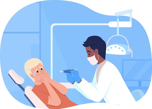 Teenage boy scared of dentist at appointment 2D vector isolated illustration