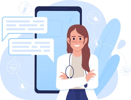 Visiting doctor online with mobile app 2D vector isolated illustration