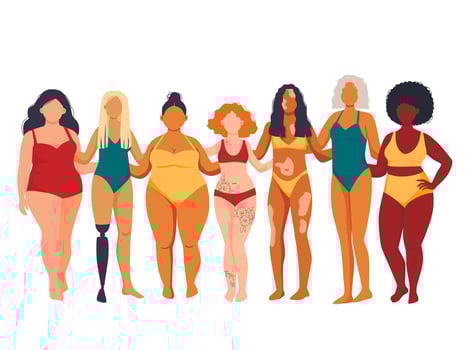 Multiracial women of different height and figure type in swimsuits standing in row. Female cartoon characters. Body positive movement and beauty diversity. vector
