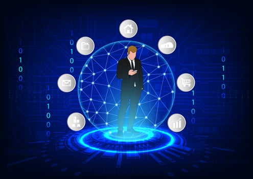 graphics design the man use mobile technology connection infrastructures and internet use, Hitech technology network connection future futurist communication vector illustration