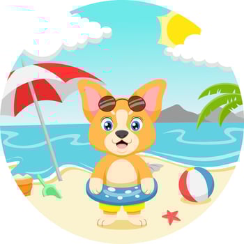 Cartoon little dog at tropical beach vector