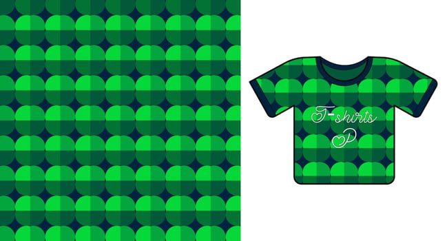 T-shirt top tee fashion flat technical drawing template with green seamless pattern. Vector illustration