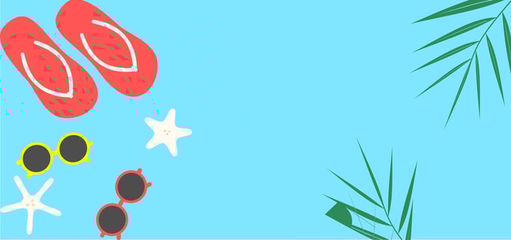 Summer sale beautiful web banner. Top view of cute beach objects. Refreshing summer sale template. Flat vector illustration with special discount offer. Concept of island vacation.
