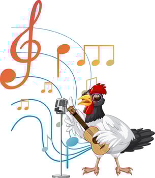 Chicken playing guitar and sing with music notes on white background vector