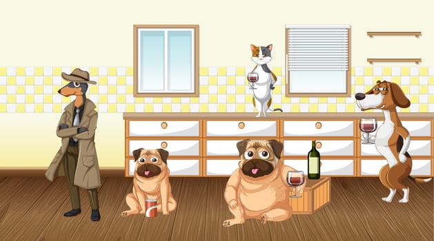 In house scene with dogs drinking wine vector