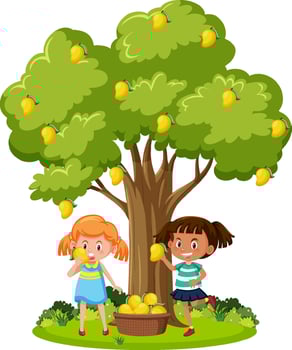 Kids harvesting mango from tree vector