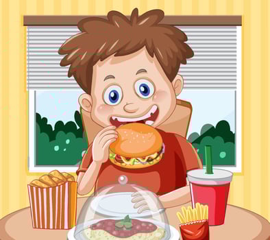 A boy eating junk food at the table vector