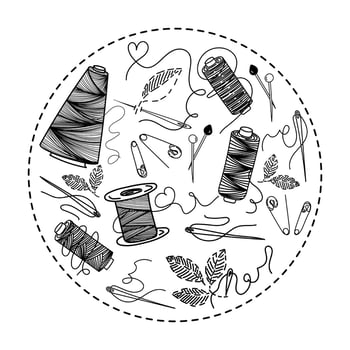 Set of sewing threads, hand-drawn doodles in sketch style. Elements in a circle. Cross winding of thread. Needle and pins. Needle and pins. Sewing. Thread. Vector simple illustration