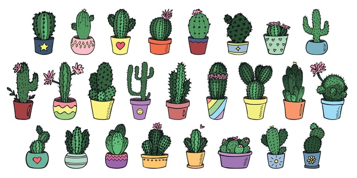 Set of cute hand drawn simple cactus. Houseplant in a pot clipart. Cacti illustration. Cozy home doodle. vector
