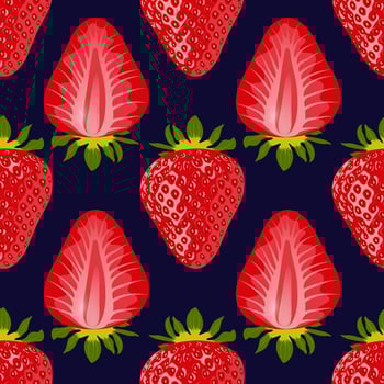 Beautiful background with ripe red strawberries and slices of strawberries on a dark blue background. Vector abstraction with strawberries. Fruit seamless pattern.