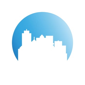 city skyline in blue circle shape vector illustration