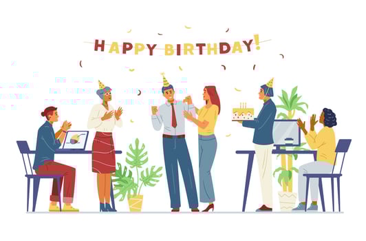 Multiracial business team celebrates colleague's birthday in the office flat vector illustration. Cheerful men and women congratulate coworker, applauding, bringing birthday cake.