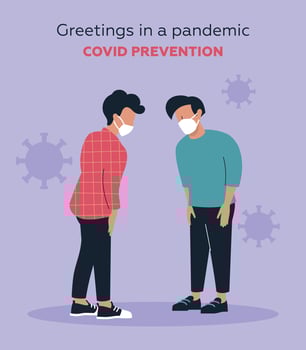 Greetings in the context of the spread of a viral infection. Coronavirus prevention. Vector image.
