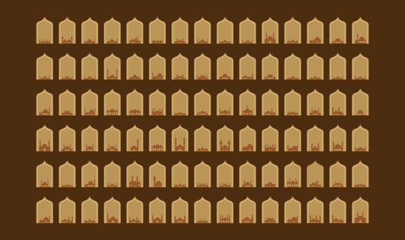 Set of illustrations of mosque silhouettes in Islamic windows vector