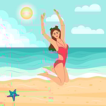 Beautiful girl in a swimsuit jumping on the beach. Summer vacation, seascape, healthy lifestyle, beach relax. vector