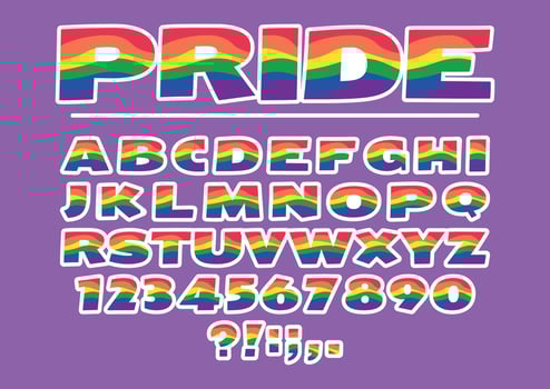 Alphabet with Pride LGBTQ flag pattern. Vector Illustration perfect for your rainbow identity, transgender banner, gays and lesbians posters, bisexual design, etc.