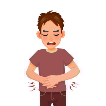 Young man suffering from stomachache, diarrhea, indigestion problem, abdominal pain, food poisoning, nausea, gastritis or bloating vector