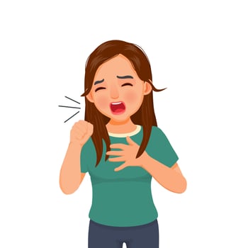 Sick young woman coughing because of cold, fever, bronchitis, asthma, allergy and respiratory diseases symptoms vector