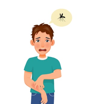 Young man scratching his itchy arm having skin dry skin problems, animals or food allergy, dermatitis, insect mosquito bites and irritation vector