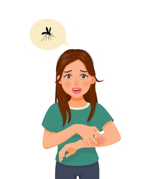 Young woman scratching her itchy arm having skin dry skin problems, animals or food allergy, dermatitis, insect mosquito bites and irritation vector