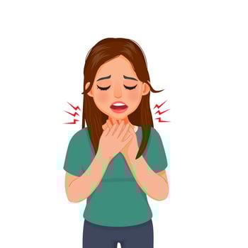 Beautiful young woman touching her neck because having sore throat, dry and scratchy feeling in the throat as symptom of viral infection, cough, allergy, influenza, cold and fever vector