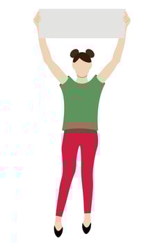 Portrait of a girl who raised a poster over his head, flat vector on a white background, faceless illustration