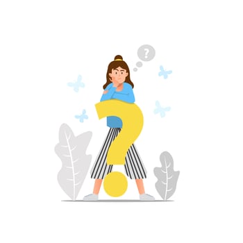 A woman stands on the big question mark vector